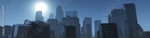 City at sunrise in the rays of the sun  skyscrapers in the morning in the rays of light  3d rendering
