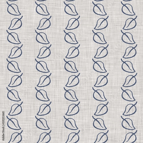 French blue botanical leaf linen seamless pattern with 2 tone country cottage style motif. Simple vintage rustic fabric textile effect. Primitive modern shabby chic kitchen cloth design.