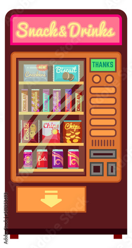 Vending machine. Cartoon snack and drinks selling