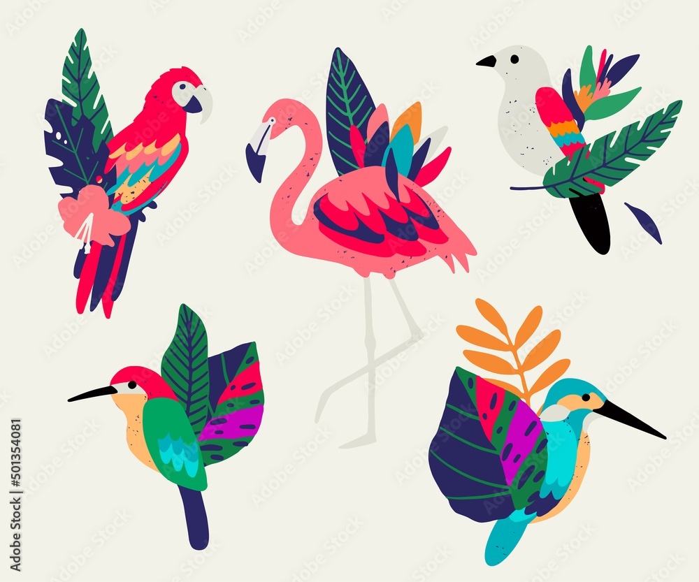 Obraz premium Сomposition of exotic leaves, flowers, birds. Isolated on white background. Decorative bouquet with tropical birds and leaves.