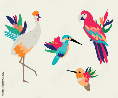 Сomposition of exotic leaves, flowers, birds. Isolated on white background. Decorative bouquet with tropical birds and leaves.
