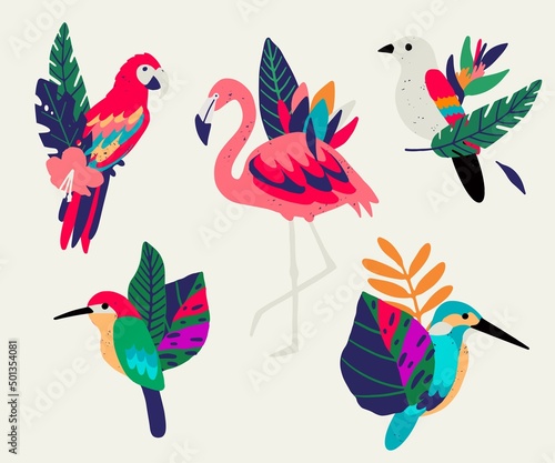 Сomposition of exotic leaves, flowers, birds. Isolated on white background. Decorative bouquet with tropical birds and leaves.