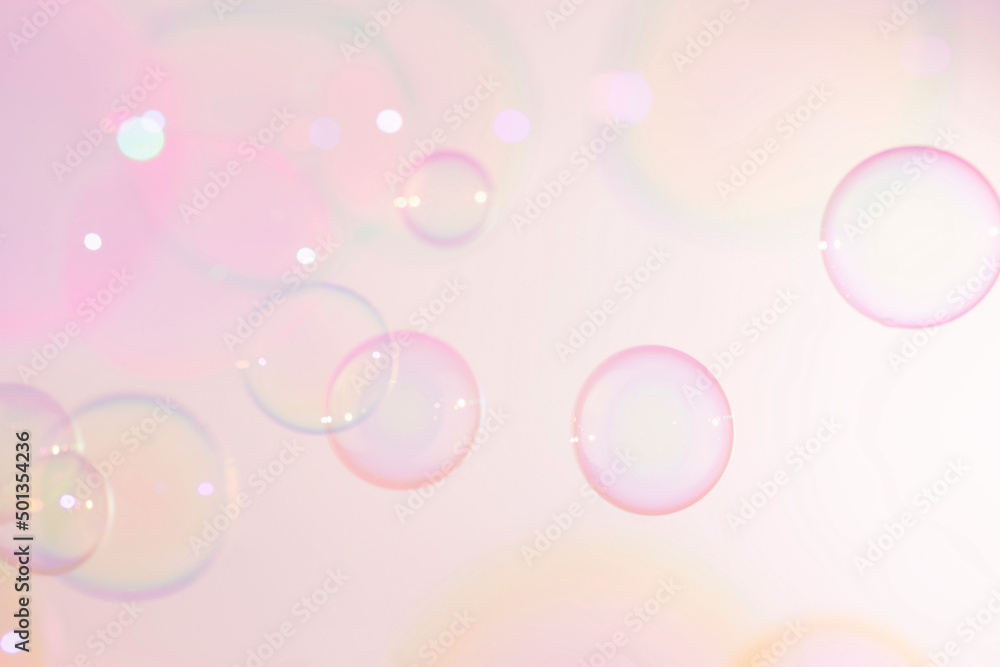 Pink Colorful Soap Bubbles Background. Soap Suds Bubbles Water	

