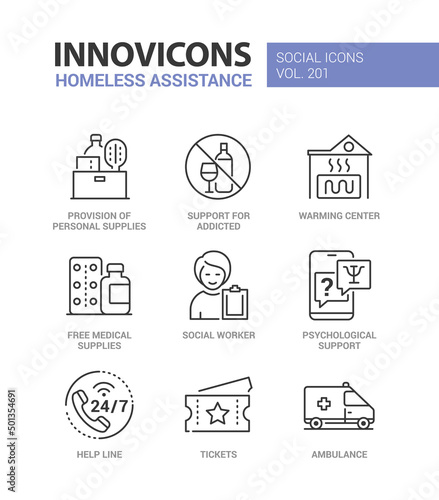 Homeless assistance and care - line design style icons set