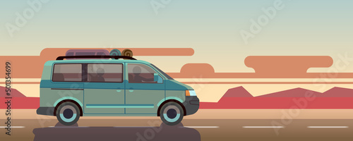 Car drive on sunset background. Cartoon auto travel