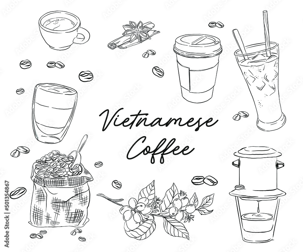 Hand drawn black and white set of coffee beans with vietnamese coffee