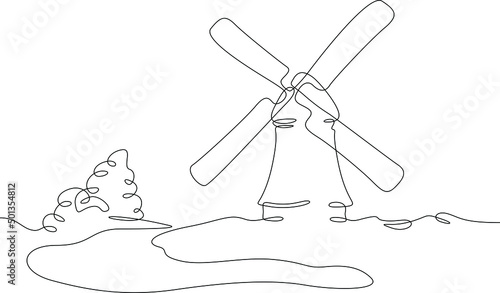 One continuous line.Old mill against the backdrop of nature. Historical landscape with preserved buildings. Milling production. Mill in the field. One continuous line drawn isolated, white background.