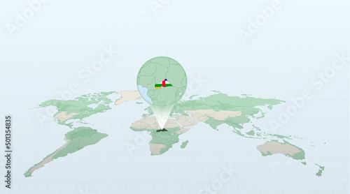 World map in perspective showing the location of the country Central African Republic with detailed map with flag of Central African Republic.