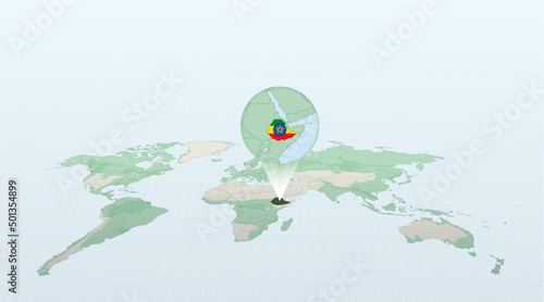 World map in perspective showing the location of the country Ethiopia with detailed map with flag of Ethiopia.