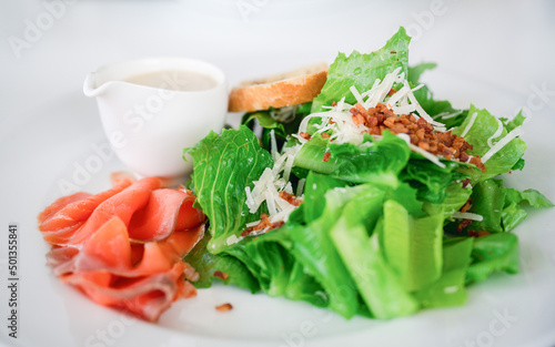 Salad with Crispy garlic bread-Italian and salad dreesing, selective focus. photo