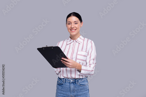 Office Girl Holding Clipboard Isolated. Advertisment, Office, Commercial Concept