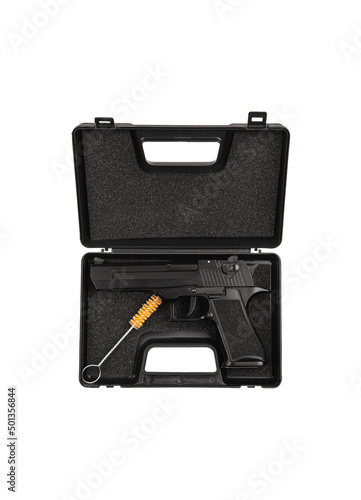Modern semi-automatic pistol. A short-barreled weapon for self-defense. Arming the police, special units and the army. Isolate on a white back.