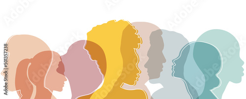 Group side silhouette men and women of different culture
