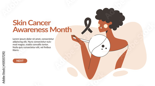 Skin cancer and melanoma awareness month vector illustration with prevention woman screening. Person health checkup, birthmark spot, detection disease, oncology problem check landing template, banner