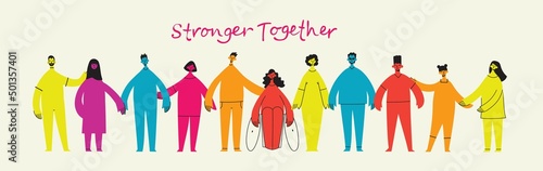 Vector illustration of Happy men and women holding hands together in the flat style. Concept illustration with characters. Stronger together