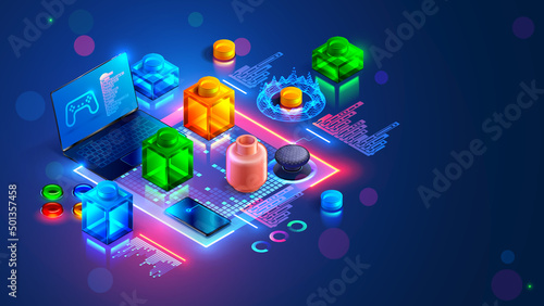 Digital software for technical education of teenagers. Children code a simple computer video game program on laptop. Isometric banner stem-education training for children. Programming course.