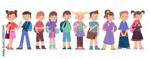 Children - boys and girls, with different bags and backpacks cartoon style
