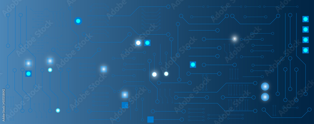 Blue circuit electronic, electrical line or circuit board with circle engineering technology concept vector background