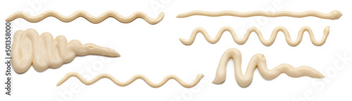 Mayonnaise sauce in the form of lines. Collection of wavy lines of mayonnaise sauce isolated on white background. photo