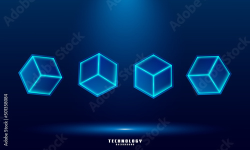 Vector realistic 3d cubes with blue glowing on dark blue background.