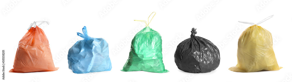 Set with different trash bags full of garbage on white background. Banner design Set with different trash bags full of garbage on white background. Banner design
