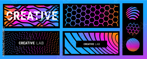 Vector set of abstract beautiful neon color illustration of different line and hexagon pattern in frame, set of decorative background