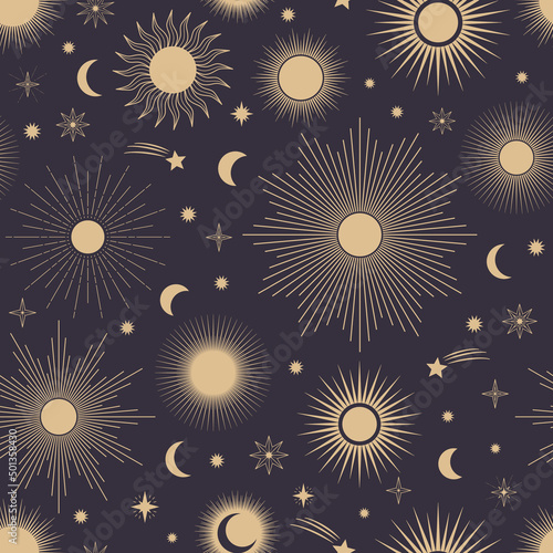 Hand drawn seamless pattern of different Sun, Moon, sunburst, stars. Celestial space vector. Magic space galaxy sketch illustration for greeting card, invitation, wallpaper, wrapping paper, fabric