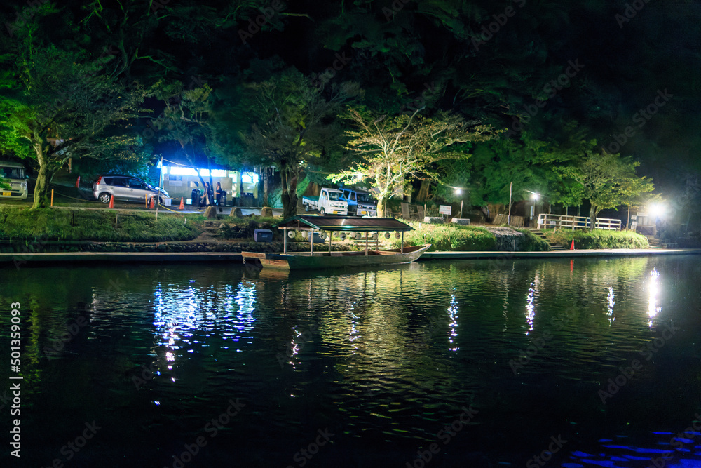 Empty tourist ferry boat docked along river at night