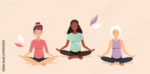 Pregnant women doing yoga exercises. Multi-ethnic mothers vector illustration