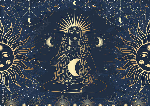 Hand drawn card of golden mystical woman with Sun, Moon, star in line art. Constellation celestial space. Spiritual abstract symbol, esoteric talisman. Magic space galaxy, vector sketch illustration