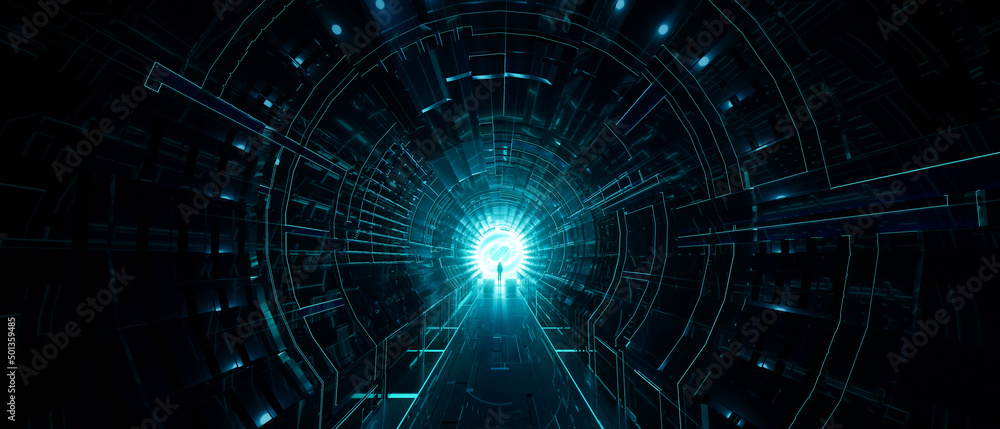 Obraz premium Dark abstract Sci Fi Tunnel background. Man Standing with Glowing Light Rays. 3d Rendering