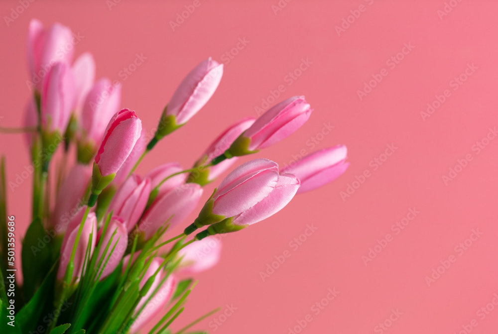 Fototapeta premium Artificial pink flowers on a pink background.