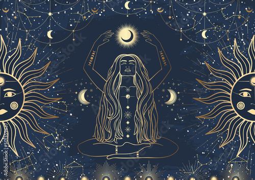 Hand drawn card of golden mystical woman with Sun, Moon, star in line art. Constellation celestial space. Spiritual abstract symbol, esoteric talisman. Magic space galaxy, vector sketch illustration