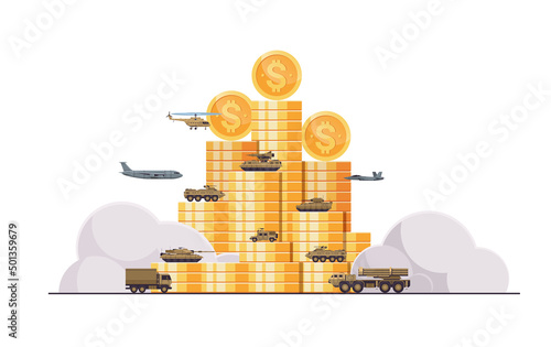 special army battle heavy reservations and special transport military equipment on dollar coins financing war sanctions metaphor