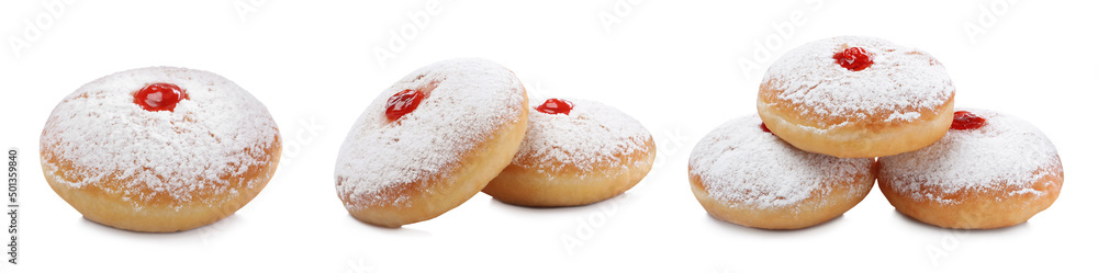 Delicious donuts with jelly and powdered sugar on white background, collage. Banner design Delicious donuts with jelly and powdered sugar on white background, collage. Banner design