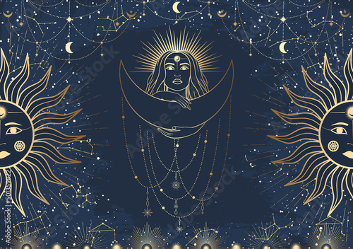 Hand drawn card of golden mystical woman with Sun, Moon, star in line art. Constellation celestial space. Spiritual abstract symbol, esoteric talisman. Magic space galaxy, vector sketch illustration