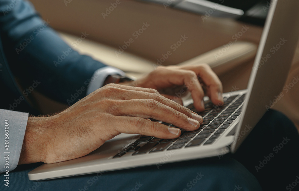 Man fingers are pressing buttons on computer Man fingers are pressing buttons on computer
