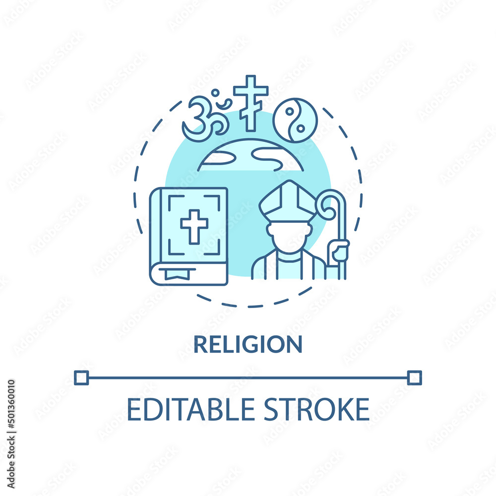 Religion turquoise concept icon. Belief and worship. Social institution abstract idea thin line illustration. Isolated outline drawing. Editable stroke. Arial, Myriad Pro-Bold fonts used