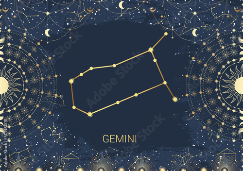 Hand drawn card of golden Gemini, Sun, Moon, star. Constellation celestial space. Zodiac horoscope symbol, star astrology, astrology sign, icon. Magic space galaxy, vector sketch illustration