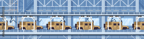 armoured personnel carrier APC on assembly conveyor line with robot arms special battle transport military equipment production