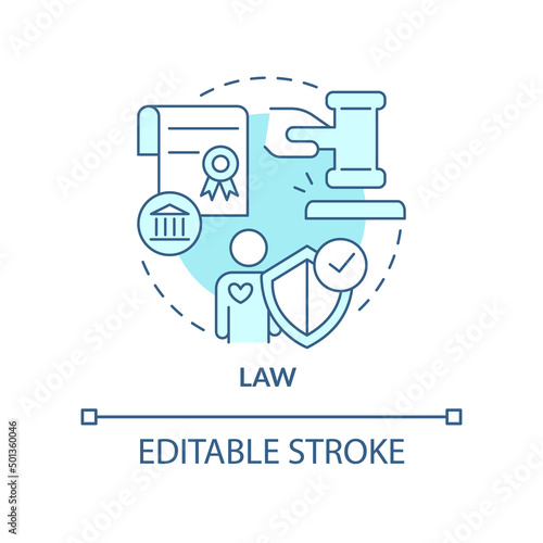 Law turquoise concept icon. System of rules in community. Social institution abstract idea thin line illustration. Isolated outline drawing. Editable stroke. Arial, Myriad Pro-Bold fonts used