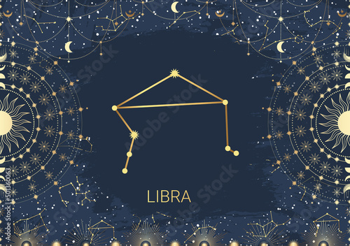 Hand drawn card of golden Libra, Sun, Moon, star. Constellation celestial space. Zodiac horoscope symbol, star astrology, astrology sign, icon. Magic space galaxy, vector sketch illustration