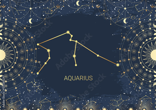 Hand drawn card of golden Aquarius, Sun, Moon, star. Constellation celestial space. Zodiac horoscope symbol, star astrology, astrology sign, icon. Magic space galaxy, vector sketch illustration