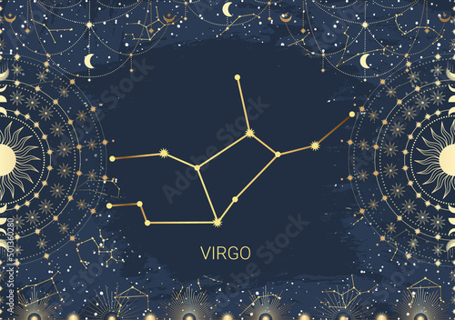Hand drawn card of golden Virgo, Sun, Moon, star. Constellation celestial space. Zodiac horoscope symbol, star astrology, astrology sign, icon. Magic space galaxy, vector sketch illustration