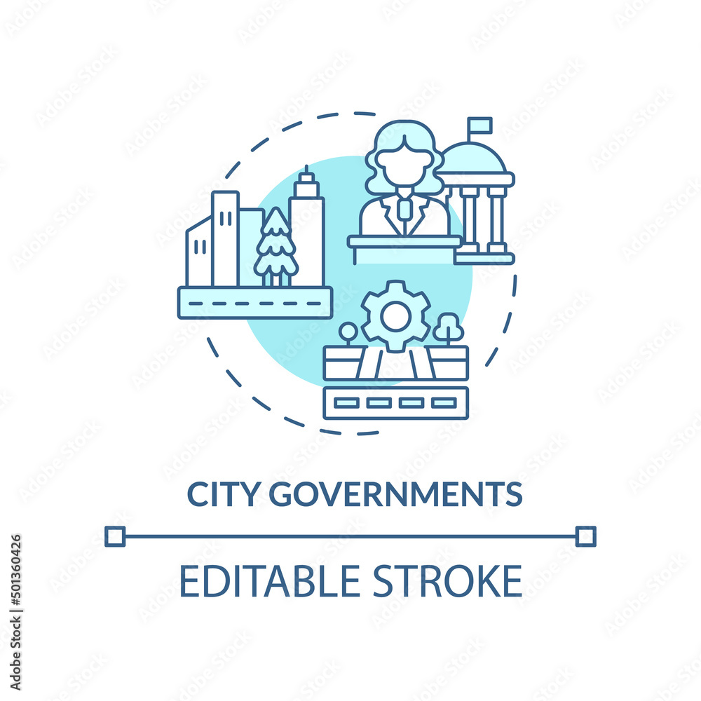 City governments turquoise concept icon. Municipal government. Institution example abstract idea thin line illustration. Isolated outline drawing. Editable stroke. Arial, Myriad Pro-Bold fonts used