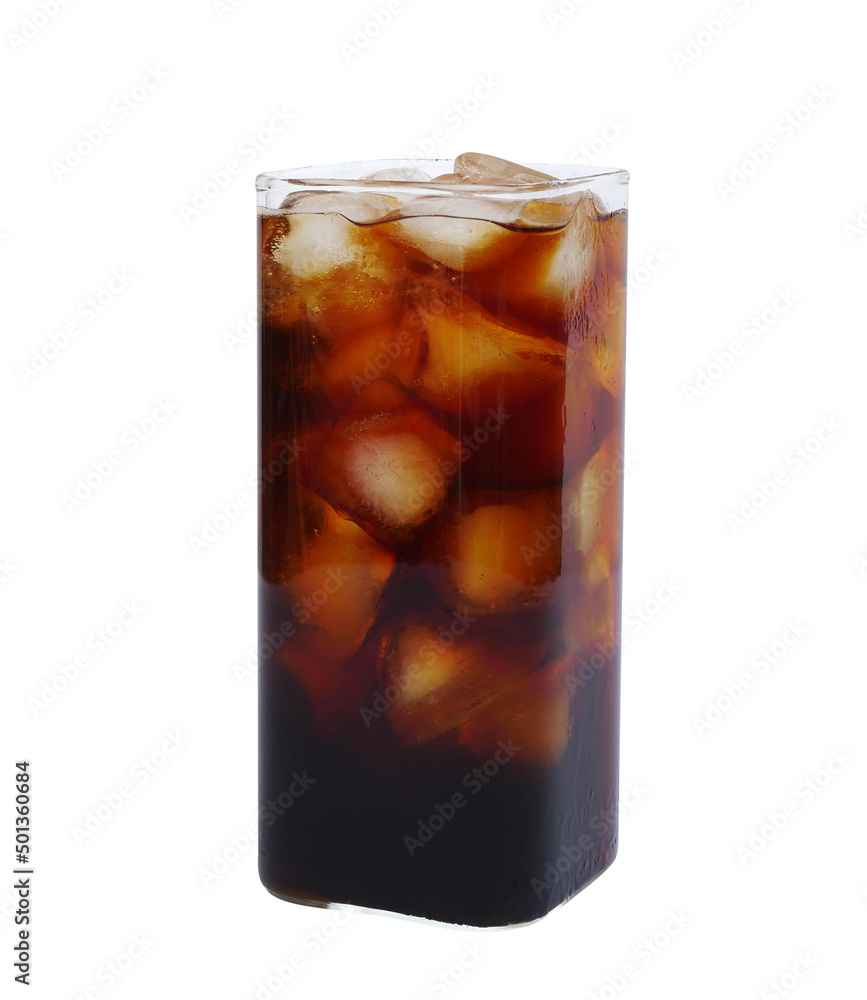Iced espresso cold brew coffee in square glass isolated on white background clipping path included Iced espresso cold brew coffee in square glass isolated on white background clipping path included