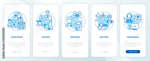 Public social institutions blue onboarding mobile app screen. Walkthrough 5 steps graphic instructions pages with linear concepts. UI, UX, GUI template. Myriad Pro-Bold, Regular fonts used