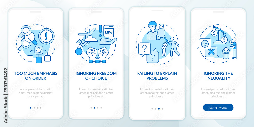Social institutions disadvantages blue onboarding mobile app screen. Walkthrough 4 steps graphic instructions pages with linear concepts. UI, UX, GUI template. Myriad Pro-Bold, Regular fonts used