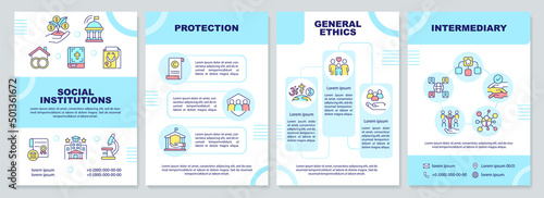 Social institutions importance brochure template. General ethics. Leaflet design with linear icons. 4 vector layouts for presentation, annual reports. Arial-Black, Myriad Pro-Regular fonts used