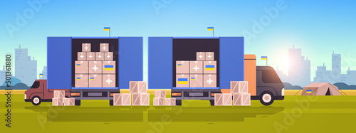 delivery of humanitarian aid in Ukraine by trucks save Ukraine from russia stop war medical supplies food clothing donation